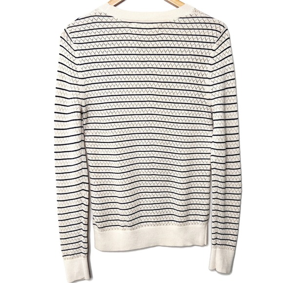 Tory Burch Sport Women Ivory Navy Blue Striped Pointelle Knit Crewneck Sweater M - Picture 4 of 8